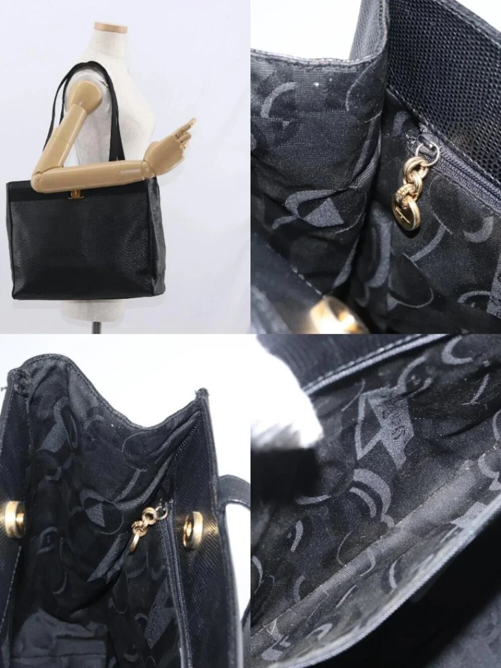 Salvatore Ferragamo Vala Tote Bag Leather Black Gold Auth gh1481